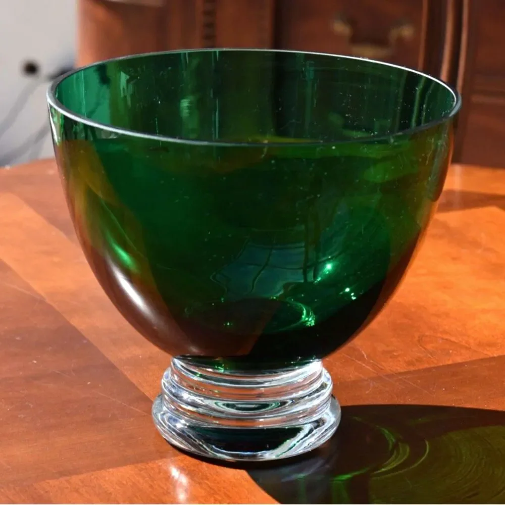 Vintage MCM Emerald Green Art Glass Centerpiece Bowl Clear Crystal Footed Base
